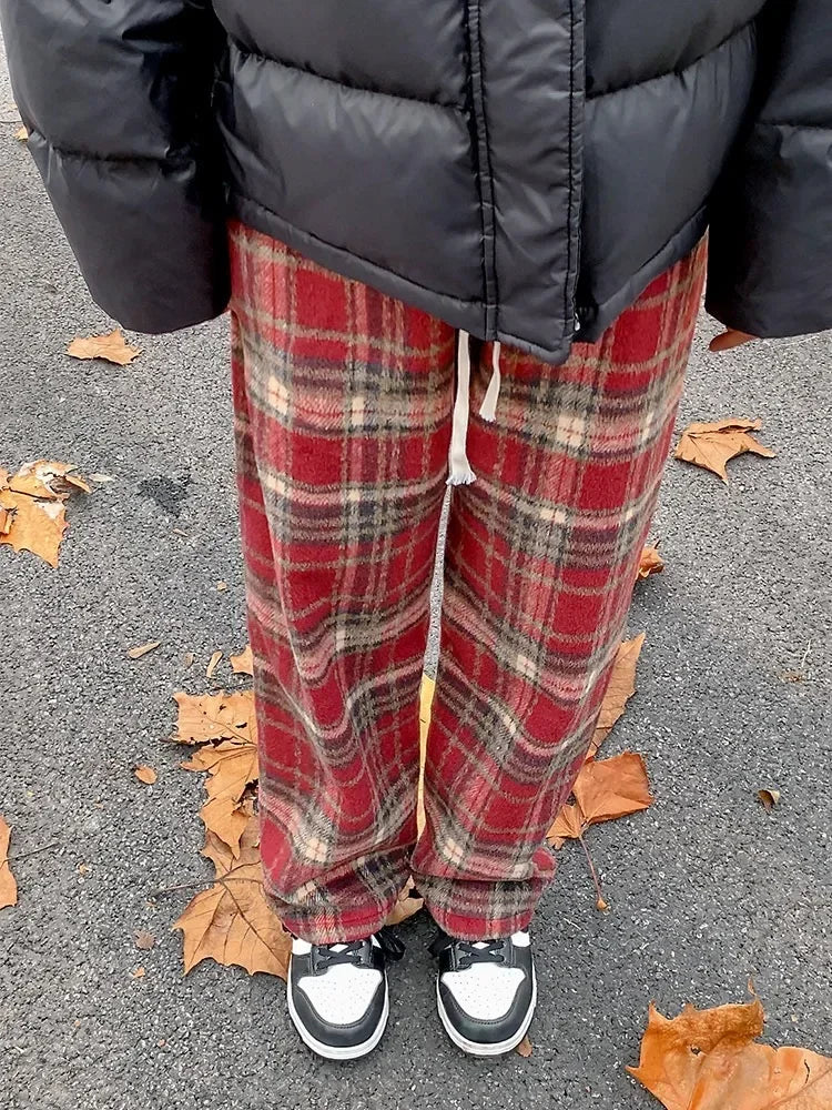 Hearujoy Vintage Plaid Pants Women Wide Leg Harajuku Korean Style Red Checked Trousers Y2k Streetwear Classic Pants Warm Winter