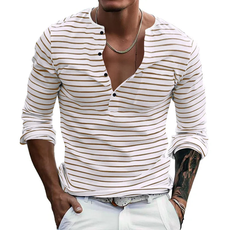 HEARUJOY  -  Men's Spring and Autumn Long Sleeve V-neck Button-down T-shirt Slim-fit Henley Shirt Horizontal Striped Top