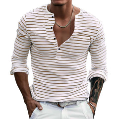 HEARUJOY  -  Men's Spring and Autumn Long Sleeve V-neck Button-down T-shirt Slim-fit Henley Shirt Horizontal Striped Top