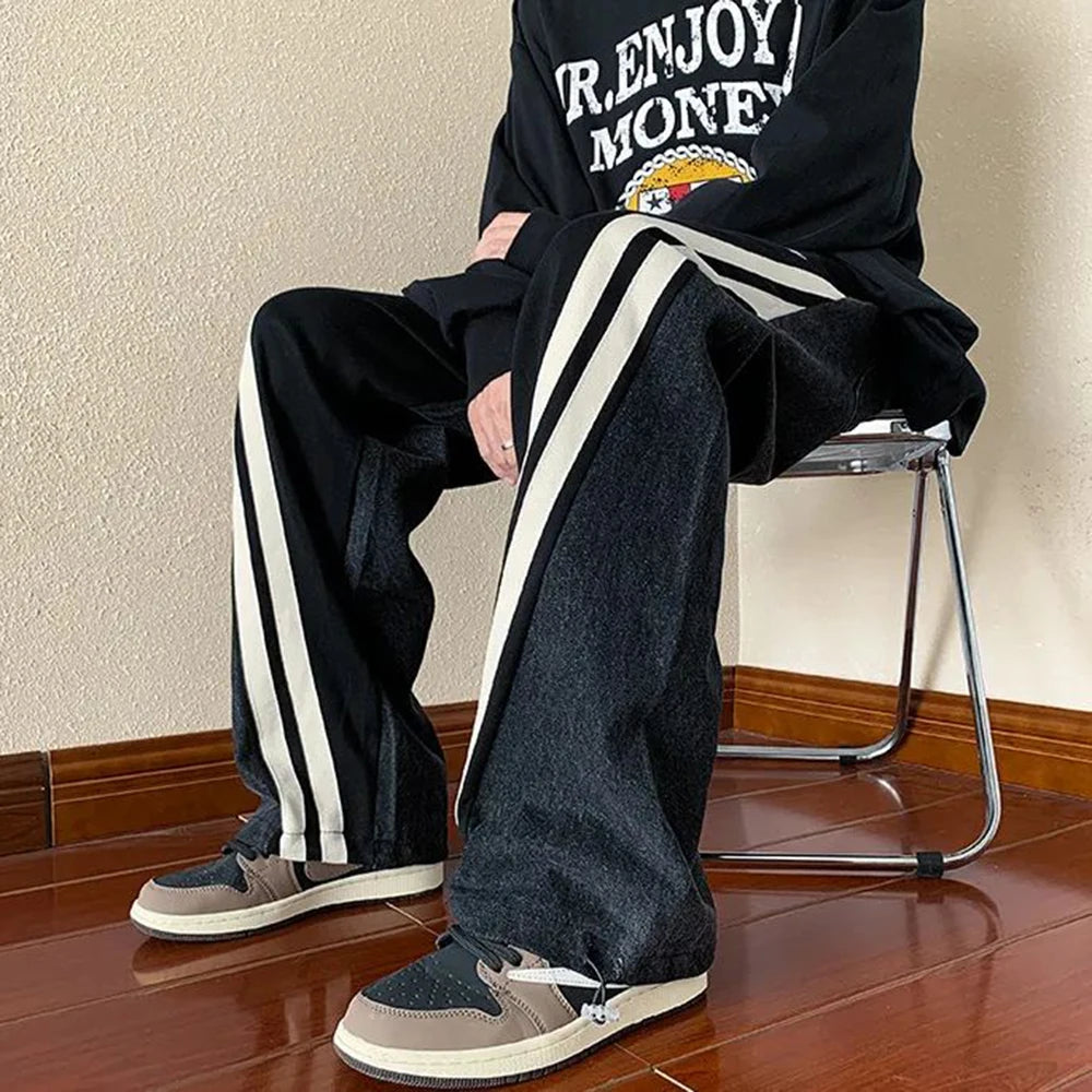 Hearujoy Mens Y2K Tracksuits Denim Drawstring Casual Pants Street Straight Pants Unisex Fashion Stitching Contrast Jeans Hip-Hop Trousers