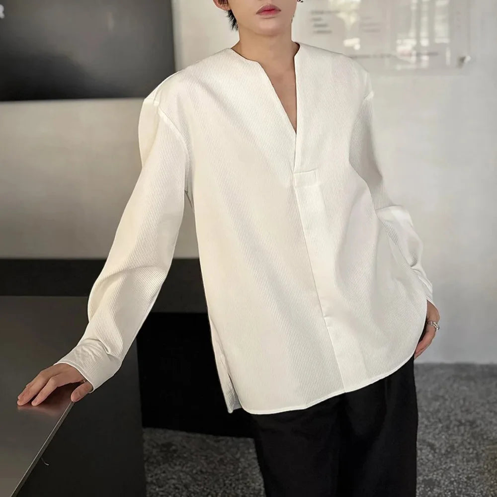 HEARUJOY  -  Mens Shirt V-Neck Sexy Nightclub Shirt Streetwear Ballroom Fashion Elegant Versatile Long-Sleeved Top Men'S Clothing 2025 New