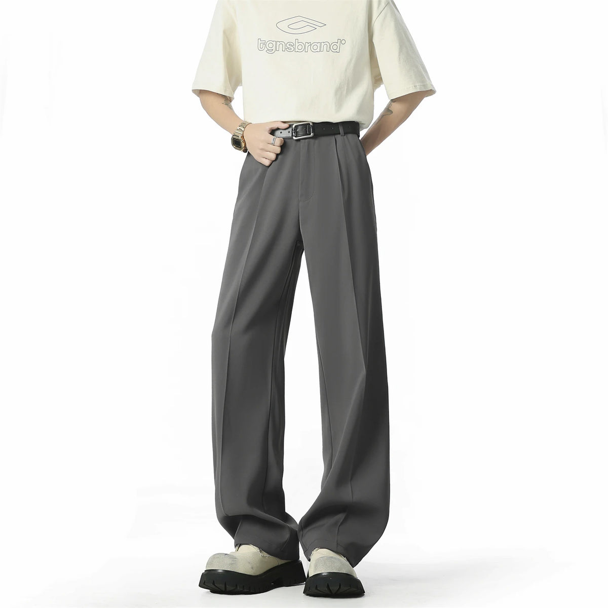 HEARUJOY  -  Men's Straight Baggy Casual Pants Korean Slit Personality Suit Trousers Fashion Formal Business Male Streetwear Gray Black
