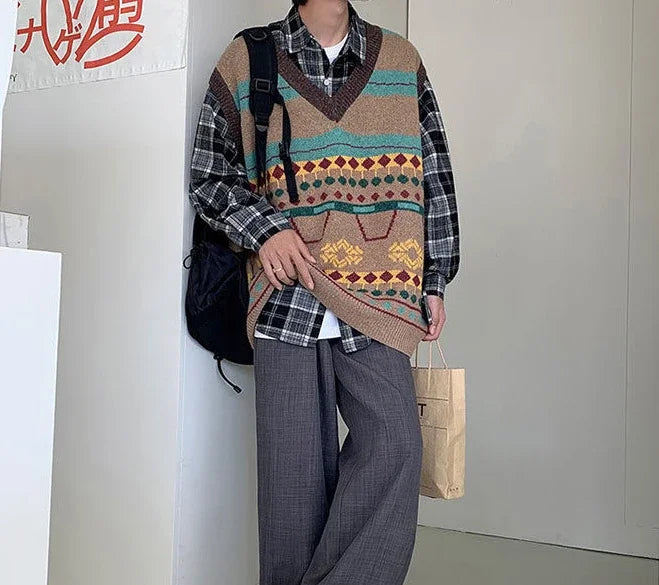 HEARUJOY  -  Sweater Man Casual Waistcoat V Neck Printed Knit Vests for Men Designer Cheap Korean Fashion Smooth Reviews Clothes Top Harajuku