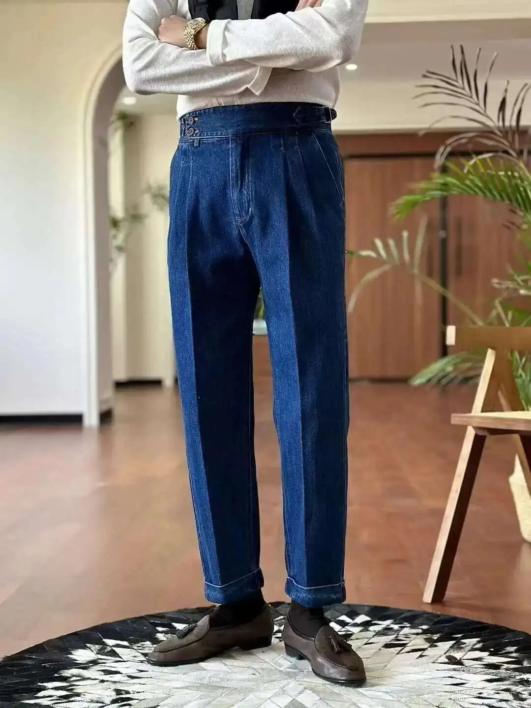 HEARUJOY  -  High Quality Double Pleated Jeans Straight Leg Pant Naples Straight Tube Loose Washed High Grade Business Pant Men Dress Trouser