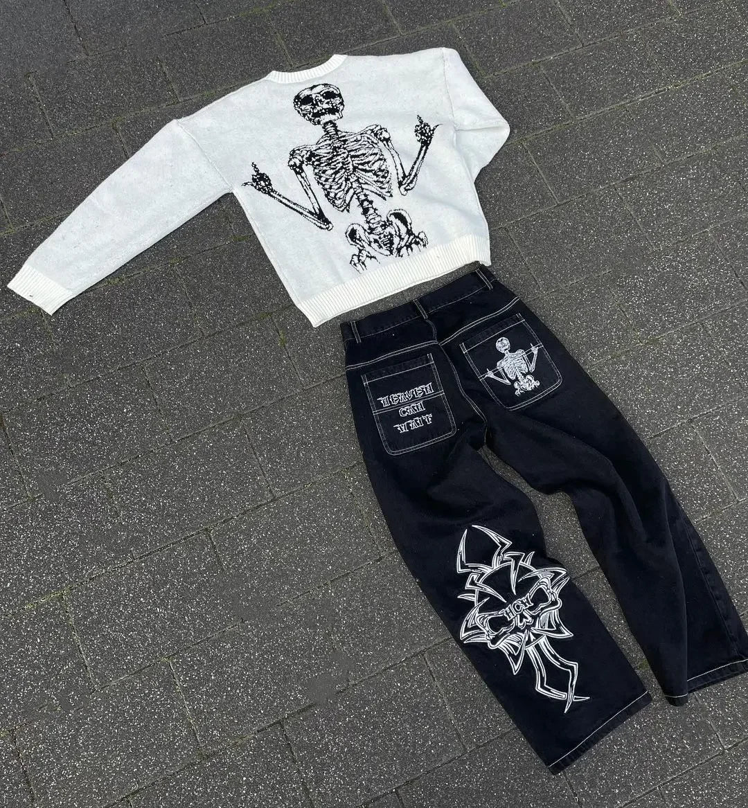 Hearujoy Y2K Retro Cross Skull Embroidery Baggy Jeans America Gothic Straight Wide Leg Denim Pants Men Women Fashion Streetwear Jogger