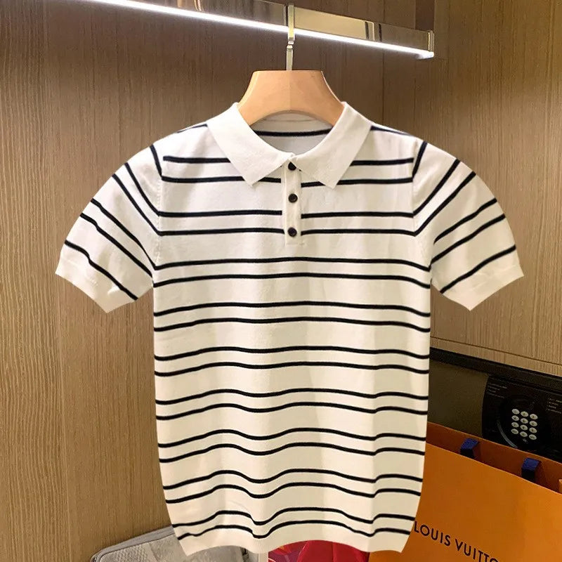 HEARUJOY  -  Summer Men's Clothing Leisure Light Luxury Knitted Polo Shirt Korean Striped Short Sleeve Retro Breathable Fashion Knitwear