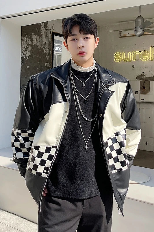 Hearujoy Spring autumn fashion streetwear Korean checkerboard stitching leather jacket men loose casual handsome leather jacket