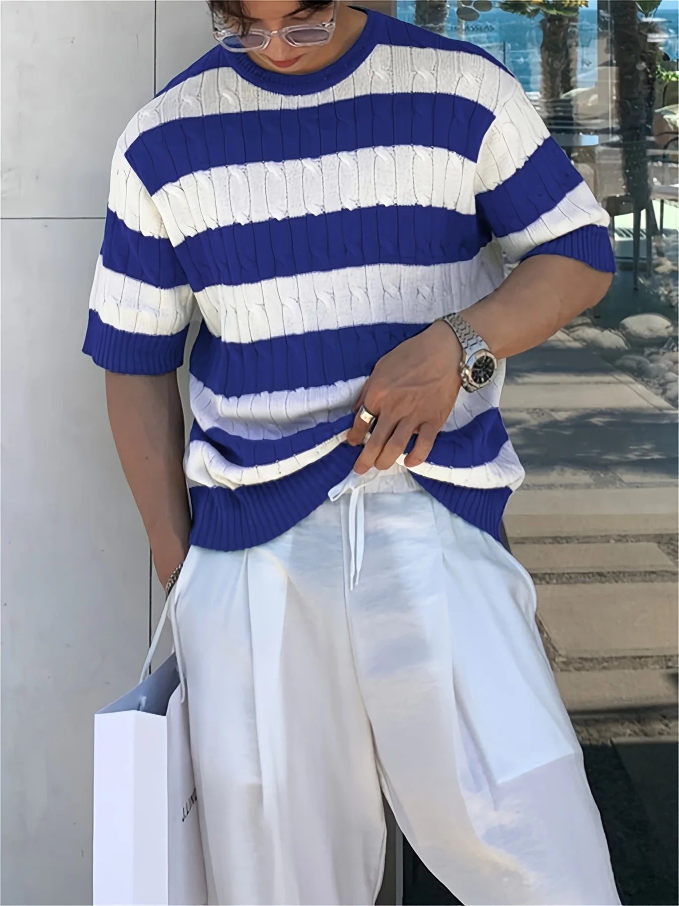 HEARUJOY  -  Summer Men O Neck Retro Tee Striped Ice Silk Knitted T-shirt Slim Short Sleeved Top Fashion Casual Knitwear Versatile Tshirts