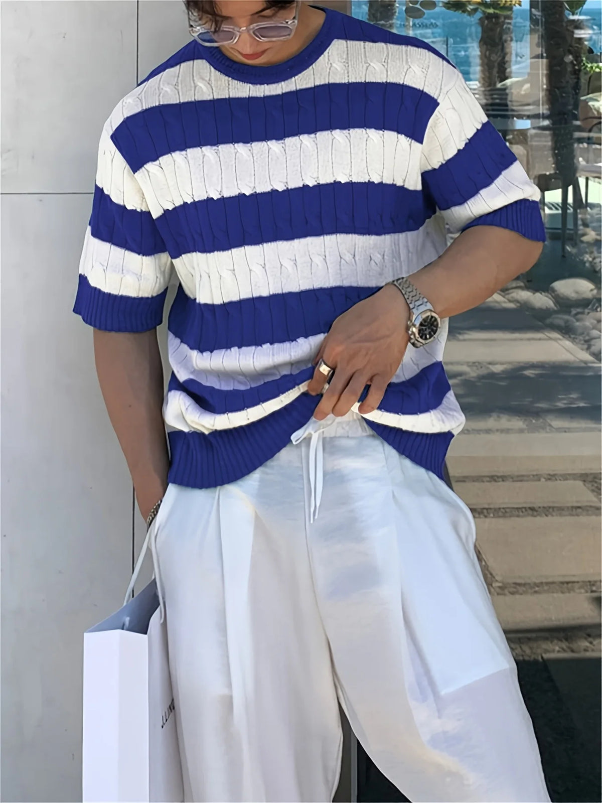 HEARUJOY  -  Summer Men O Neck Retro Tee Striped Ice Silk Knitted T-shirt Slim Short Sleeved Top Fashion Casual Knitwear Versatile Tshirts