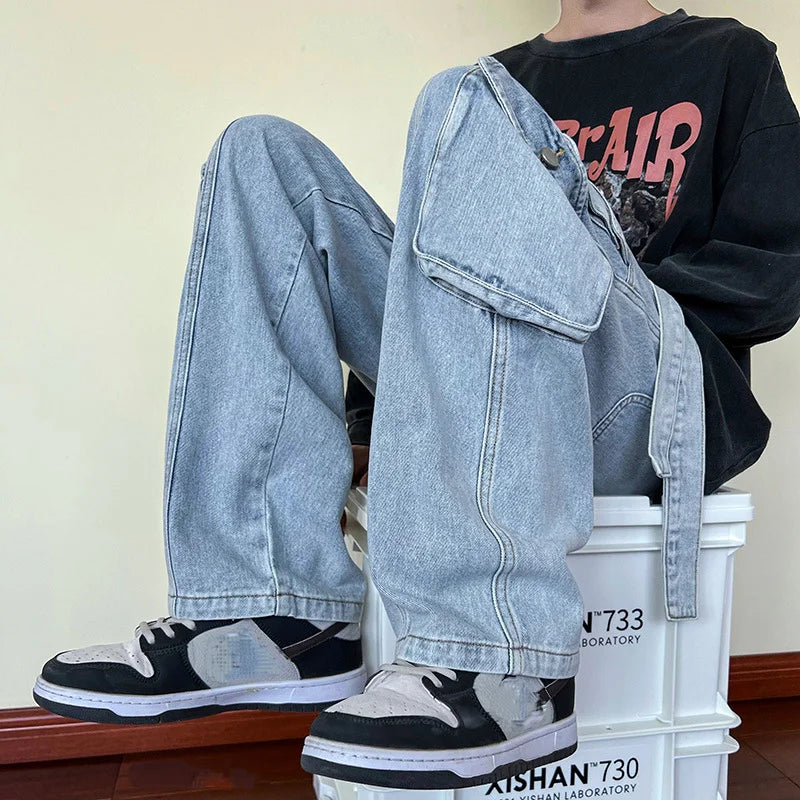 Hearujoy 2024 New Men Cargo Jeans Wide Leg Pants Multiple Pockets Baggy Denim Trousers Hip Hop Streetwear Skateboard Neutral Male Clothes