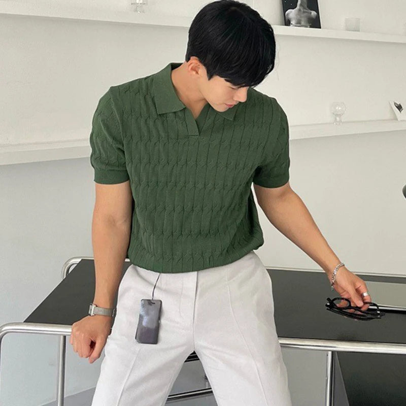HEARUJOY  -  Summer Clothing Men's Light Luxury Knitted Jacquard Polo Shirt V-Neck Solid Color Short-sleeved Korean Popular Leisure Knitwear