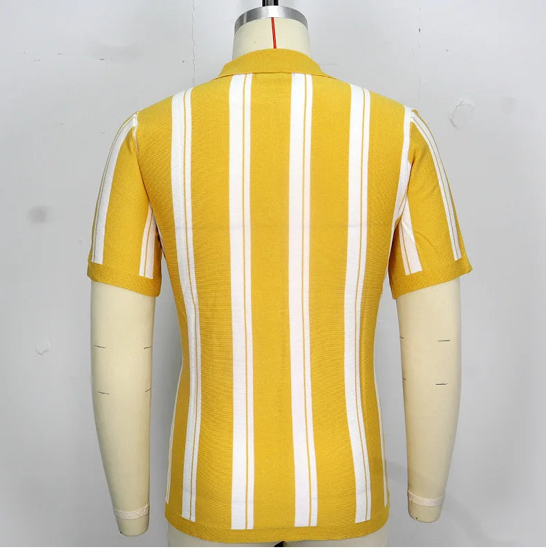 HEARUJOY  -  New Mens contrast color Stripe Polo Knit Shirts High Quality Luxury Knitwear Summer Fashion Short Sleeve Lapel Polo Tshirt