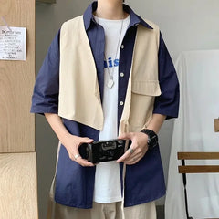 HEARUJOY  -  Man Shirt Half Sleeve with Pocket Shirts for Men Blue Casual Korean Style Vintage Silk Fashion 2025 Cotton Slim Fit Elegant Sale