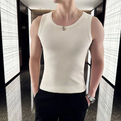 HEARUJOY  -  Solid Color Sleeveless Round Neck Summer Men Casual American Style Handsome Knitting Vest Bodybuilding Elastic Force Slim Tops
