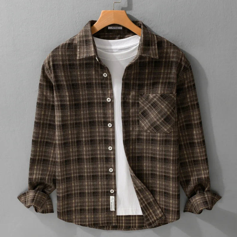 HEARUJOY  -  Streetwear Plaid Plus-Size Long Sleeve Shirt for Men Fashion Versatile Literary Casual Loose Brushed Fleece Check Top Jacket