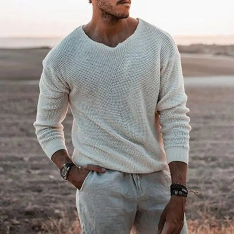 HEARUJOY  -  Men's Casual Knitted Sweater, Long Sleeve, Patchwork Color, O-Neck Tees Top, Loose Hollowed Breathable Knitwear, Streetwear