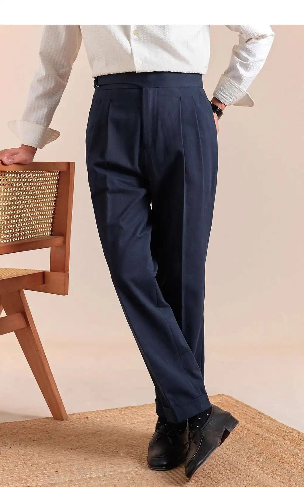 HEARUJOY  -  Pure Cotton Casual Pant Men Double Pleated High Waisted Breathable Trousers Business Casual Formal Pants Men Social Trousers
