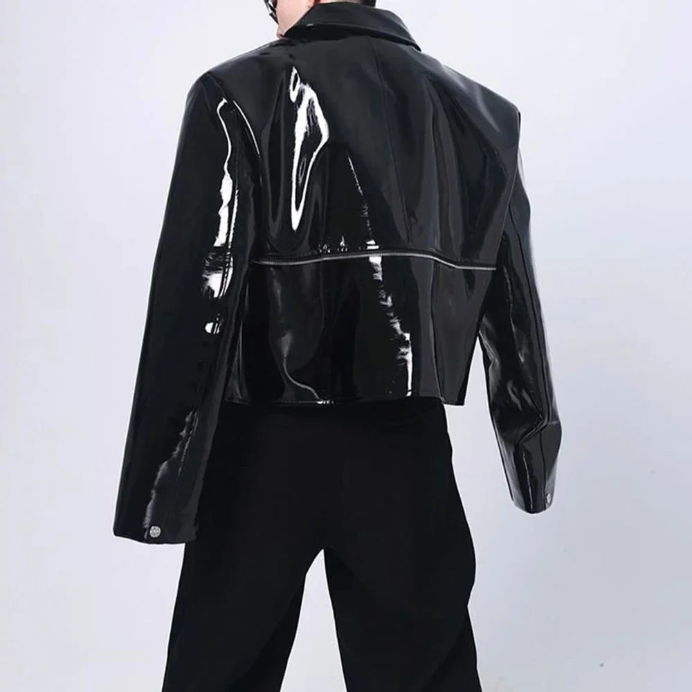 Hearujoy Mens Jacket Shiny Leather Jacket Handsome Performance Stage Outfit Autumn Elegant British Excellent Patent Leather Jacket