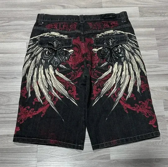Hearujoy Street washed geometric cross embroidery raw edge high quality baggy denim shorts for womens y2k summer new simple sports pants