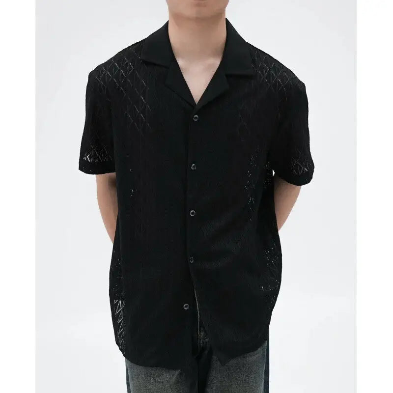 HEARUJOY  -  Summer Black Short Sleeved Shirt Men Oversized Beige Casual Shirt Streetwear Men Korean Loose Hollow Shirt Mens Hawaiian Shirts