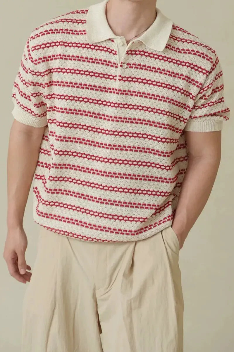 HEARUJOY  -  Summer Short Sleeved T-shirt Men Slim Fit Casual Striped T Shirt Men Streetwear Korean Knitted Lapel T Shirt Mens Polo Shirt
