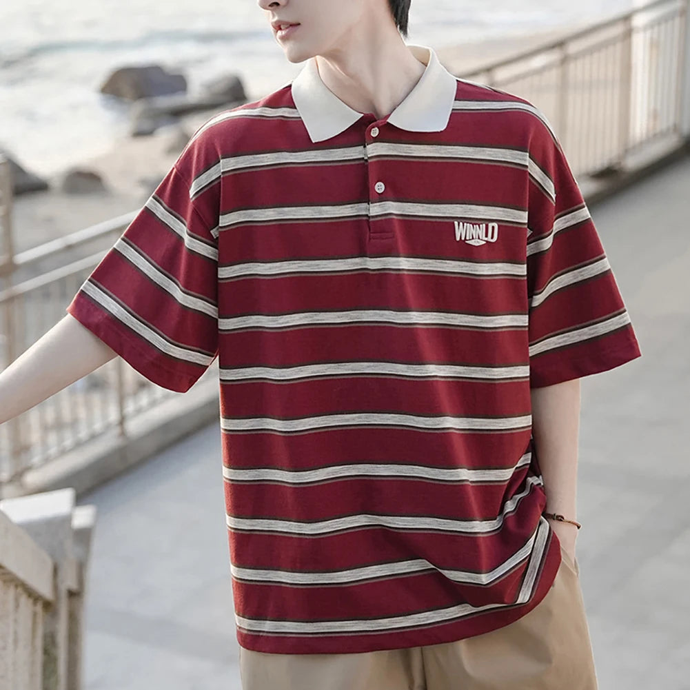 HEARUJOY  -  Casual Summer 2XL Mens Summer T-Shirts Casual Striped Short Sleeve Shirts Vintage Short Sleeve Tops Lapel Neckline