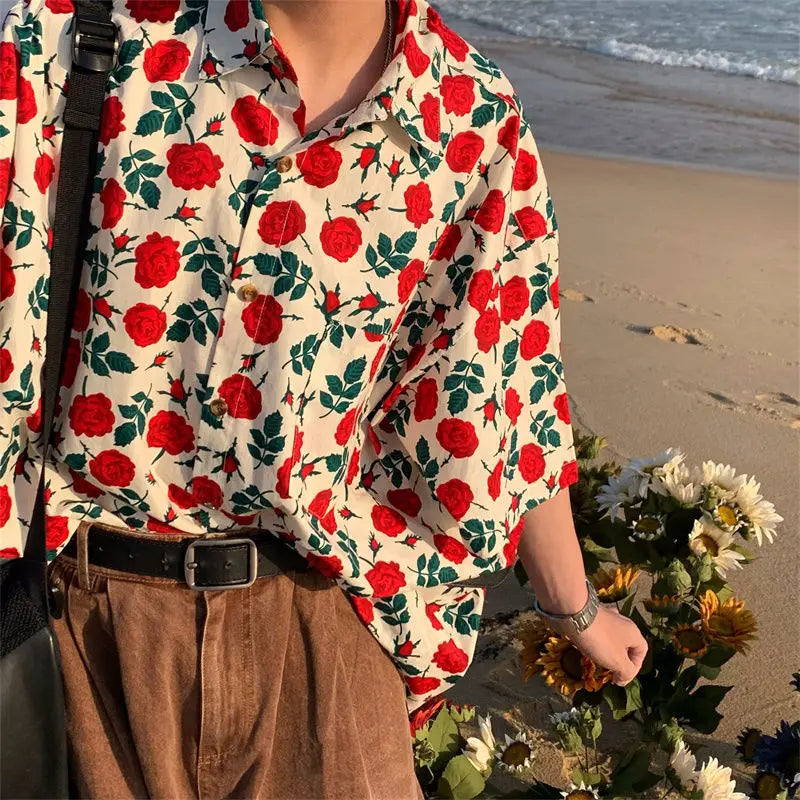 Hearujoy Summer Beach Hawaiian Rose Shirts Vintage Red Floral Button Up Shirt Men Women Loose Casual Tops Large 2XL Japan Kawaii Tee