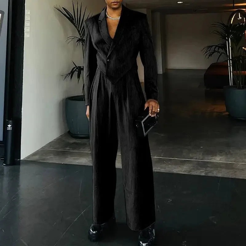 HEARUJOY  -  Spring Autumn Fashion Men Small Suit Set Tailored Collar Long Sleeve Irregular Tops And Straight Pants Two Piece Sets Loose Outf