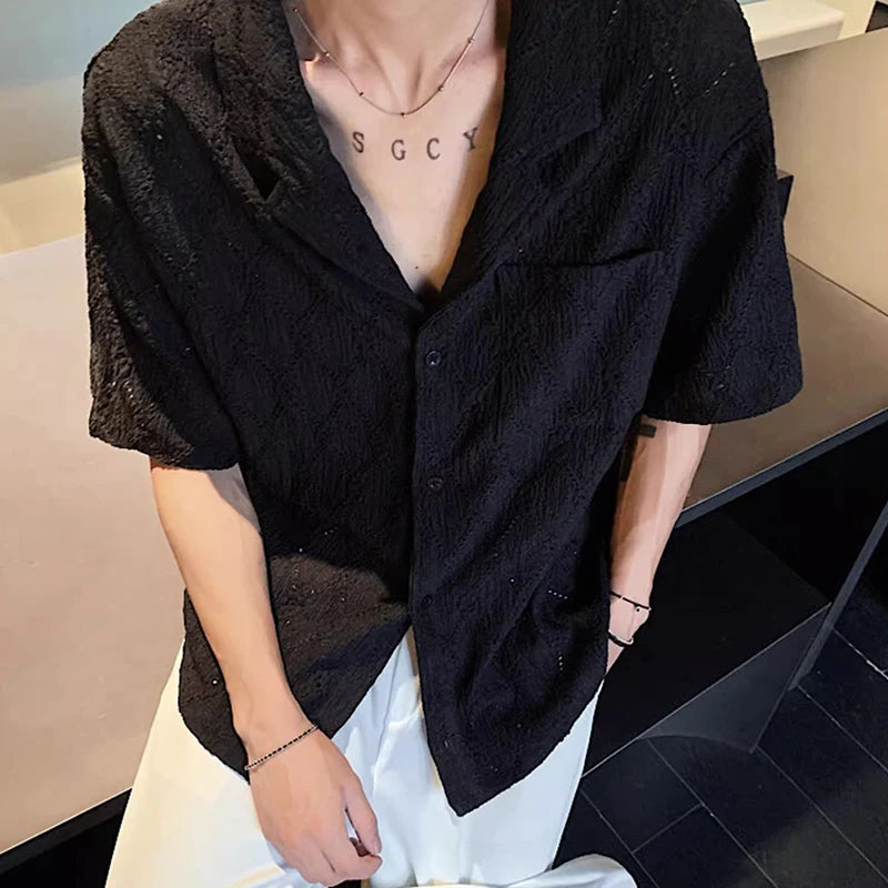 HEARUJOY  -  Summer Men's Clothing Light Luxury Jacquarded Suit Collar Shirts Streetwear Button-down Short Sleeve Retro Leisure Fashion M-3XL