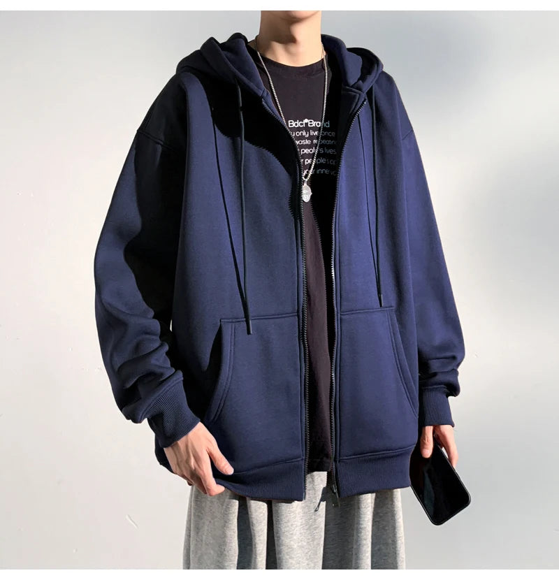 HEARUJOY  -  Spring Autumn Men's Zipper Hoodies Streetwear Casual Jacket Male Solid Color Loose Sweatshirts Simple Hooded Coats