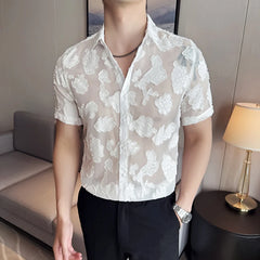 HEARUJOY  -  Summer Mens Mesh Lace Short Sleeve Shirt Men Streetwear Hollow-Out Dance Shirts Male Nightclub Disco White Shirts Tops