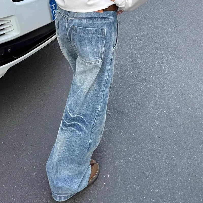 HEARUJOY  -  Autumn Men'S Blue Jeans Korean Retro Loose Straight Leg Micro Flared Pants Mid Waist Designer Casual Pants