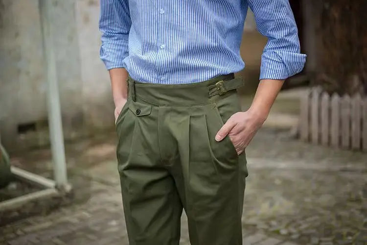 HEARUJOY  -  Vintage Green Gurkha Pants For Men Adjustable Waist Buckle Cotton Naples Trousers Fashion Casual Loose Ankle-Length Cargo Pants