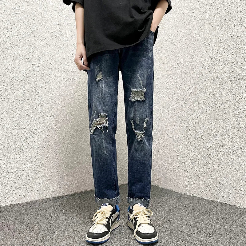 Hearujoy Spring/Summer Loose Jeans Men's Straight Vintage Broken Jeans Street Boys Hip-hop Slim Fit Cropped Pants  Light Blue