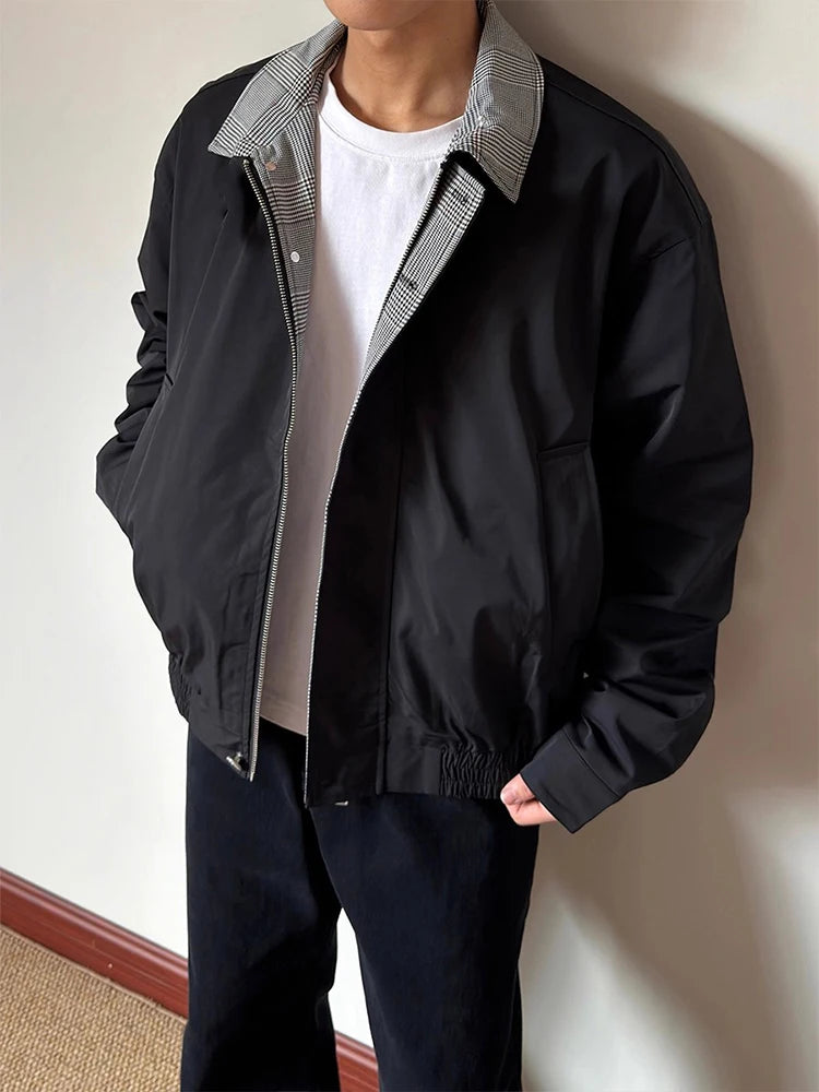 HEARUJOY  -  Streetwear Vintage Plaid Patchwork Jackets Mens Fashion Long Sleeve Zip-up Jacket Coat Men 2025 Autumn Daily Casual Lapel Coats