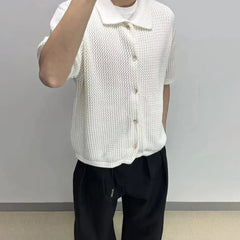 HEARUJOY  -  Men's Solid Color Hollow Short-Sleeved Shirt American Retro Fashion Trend Leisure Loose Breathable Niche Summer New Men's Tops