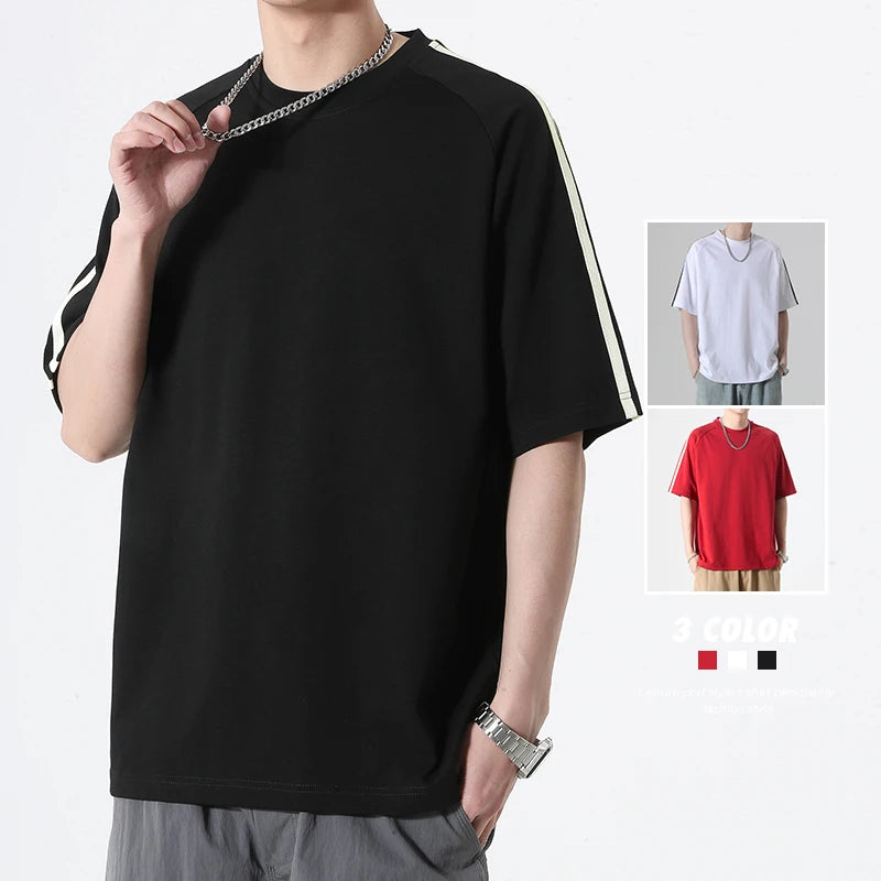 HEARUJOY  -  Summer Casual Striped Short Sleeved T-shirt Men's Fashion Oversized Patchwork Tshirts Solid Loose Half Sleeve Hip Hop Tee Top