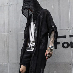 Hearujoy Nightclub DJ Singer Punk Rock Hip Hop Long Shirt Black Hooded Cloak Cardigan Men Pleated Woven Cotton Blouse Gothic Vintage