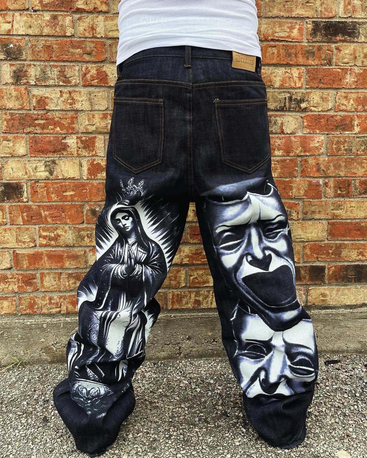 Hearujoy Goth Graphic Letter Embroidered Jeans Y2K Harajuku Hip Hop Vintage Baggy Jeans Mens Womens High Waist Straight Wide Trousers