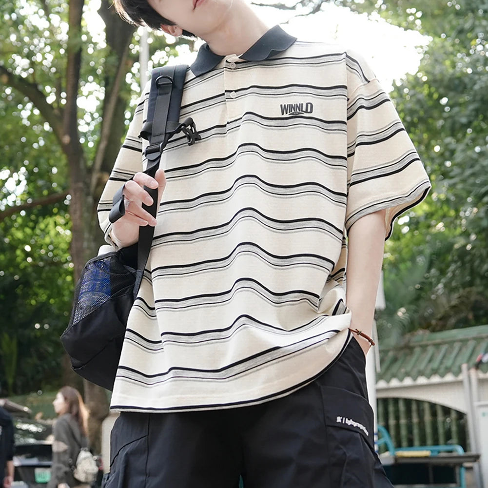 HEARUJOY  -  Casual Summer 2XL Mens Summer T-Shirts Casual Striped Short Sleeve Shirts Vintage Short Sleeve Tops Lapel Neckline