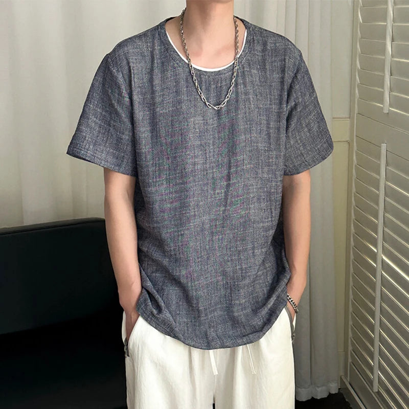 HEARUJOY  -  Korean Style Men's T-shirts Round Collar Short Sleeved Solid Color Mensweae New Summer Pullover Loose Male Tees