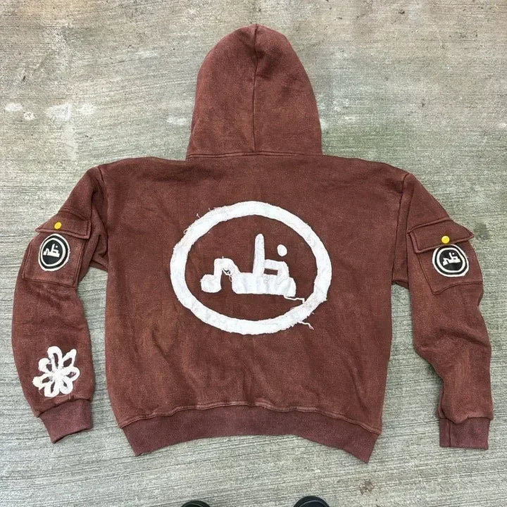 Hearujoy Y2K New Vintage Wash Zip Up Hoodie Fashion Embroidery Hooded Couple's High Street Hip Hop Harajuku Punk Loose Long Sleeve Coats
