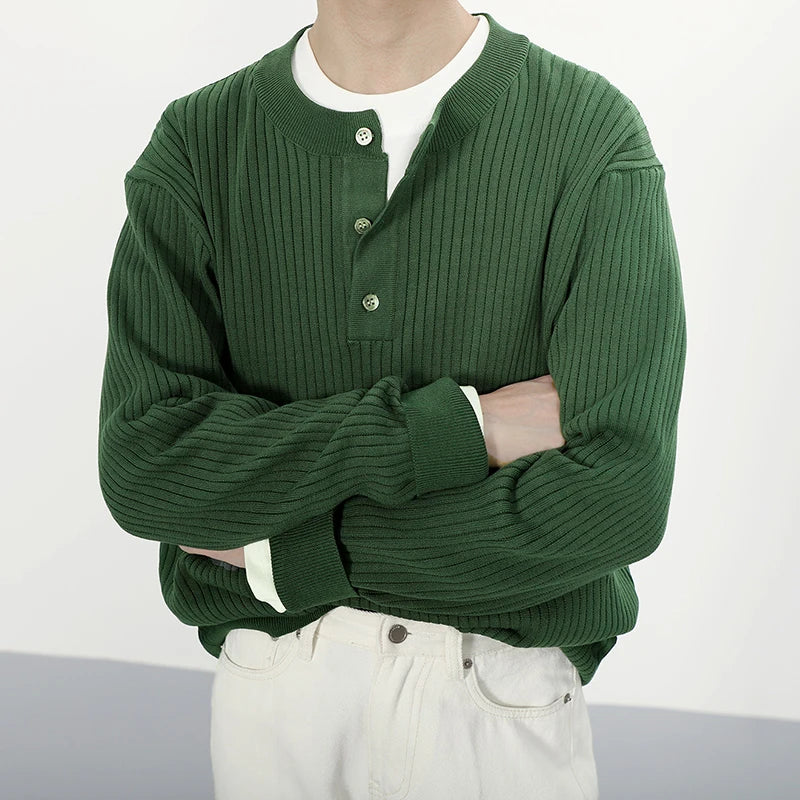 HEARUJOY  -  Stylish Men's Knitting Pullover Tops Autumn Daily Casual Long Sleeve O Neck Button Sweaters For Men Fashion Solid Color Sweater