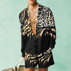 HEARUJOY  -  3D Leopardl Print Men Beach Suits Long Sleeve Lapel Shirts And Shorts Two Piece Set Fashion Hawaiian Casual Loose Outfits