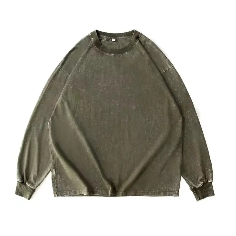 HEARUJOY  -  Long Sleeve Retro Tops Tees Men Oversized Vintage T-Shirts Soild Cotton Shirts Casual Classic T Shirt Male Clothes Streetwear