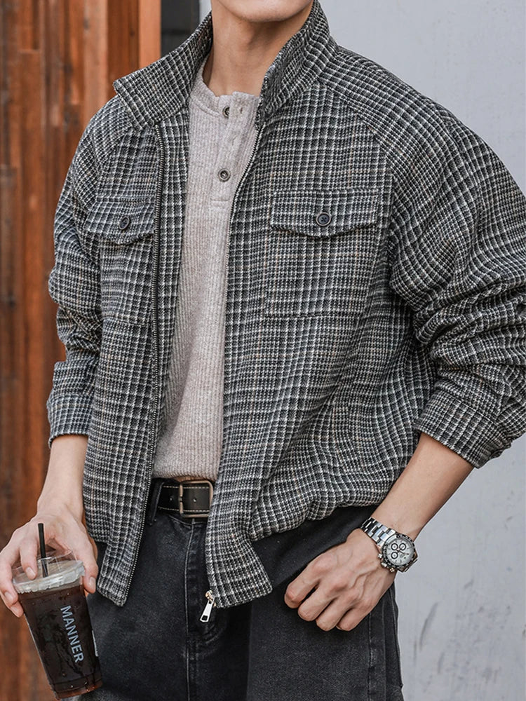 HEARUJOY  -  New Casual Zip-up Stand Collar Men's Jackets 2025 Autumn Winter Outdoor Fashion Houndstooth Jacket Coats men Stylish Outerwear