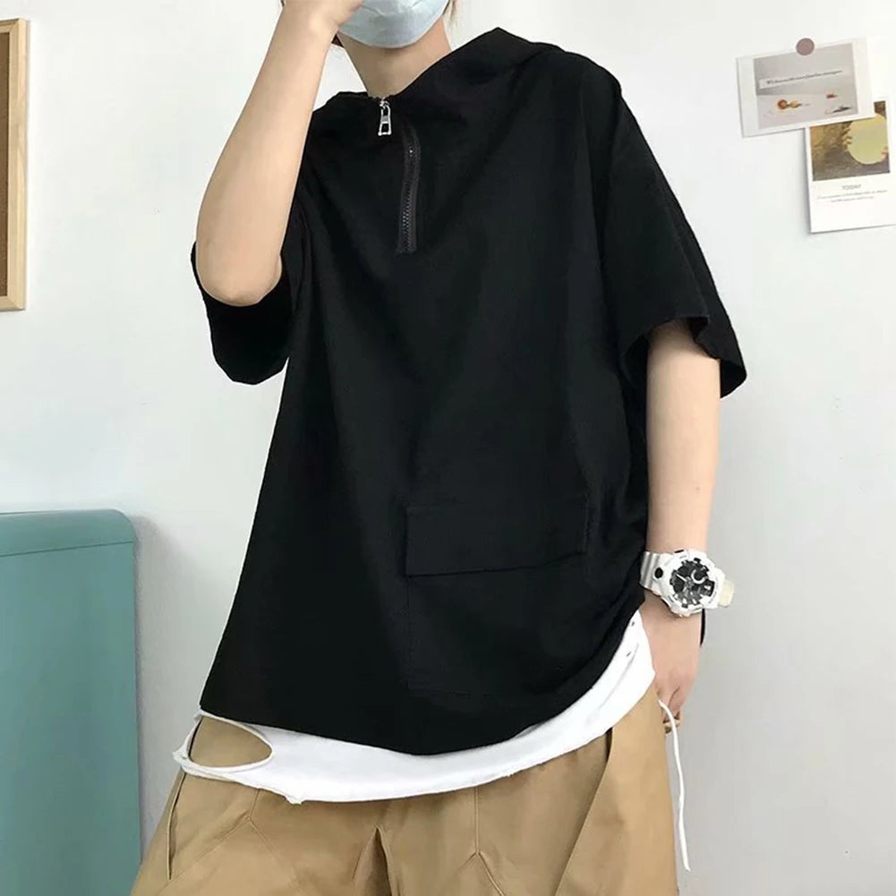 HEARUJOY  -  Pullover Men Tops Hoodie Loose Pocket Polyester Casual Harajuku Hip Hop Hooded Short Sleeve Solid Color Sweatshirt