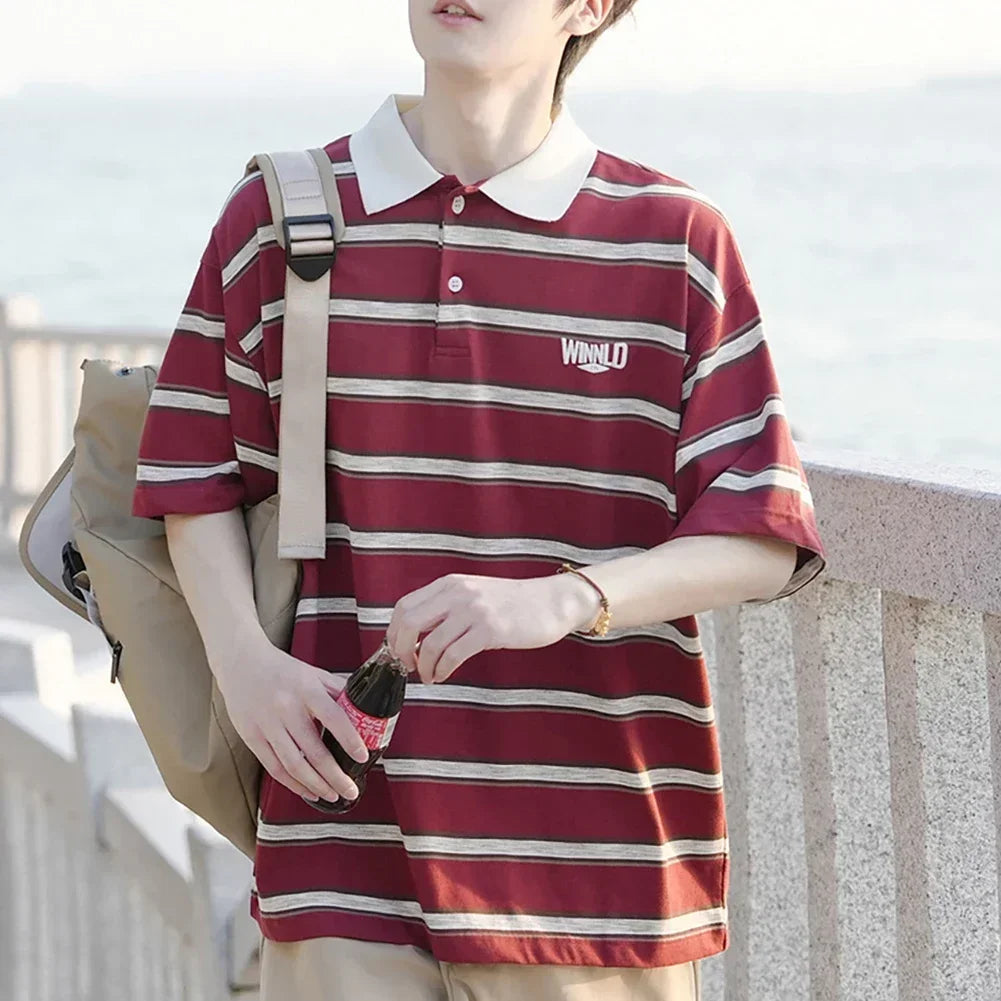 HEARUJOY  -  Casual Summer 2XL Mens Summer T-Shirts Casual Striped Short Sleeve Shirts Vintage Short Sleeve Tops Lapel Neckline