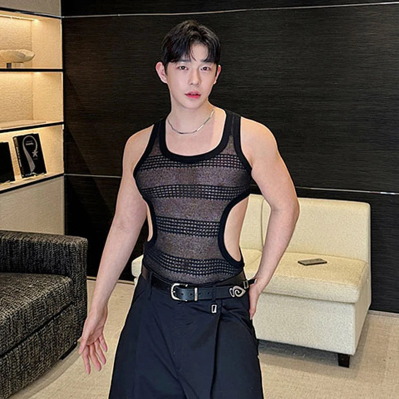 Hearujoy Summer Slim-fit Vest Sexy Men's Wear Hollowed Side Waist Round Collar Male Vests new Fashion Male Sleeveless Top