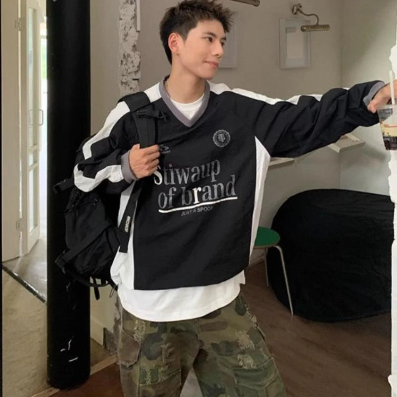 HEARUJOY  -  Spring American Trendy Mens T-shirt Spring Autumn Hip Hop Emblem Embroidery Long Sleeved Tops Color Block Loose Male Tees